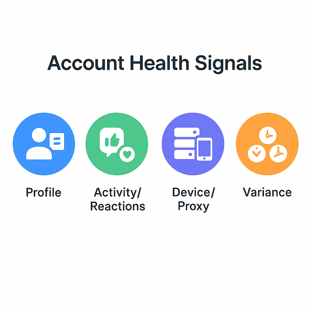 Account health signals panel showing flood-wait history, SpamBot strikes, proxy changes, and recent engagement pattern