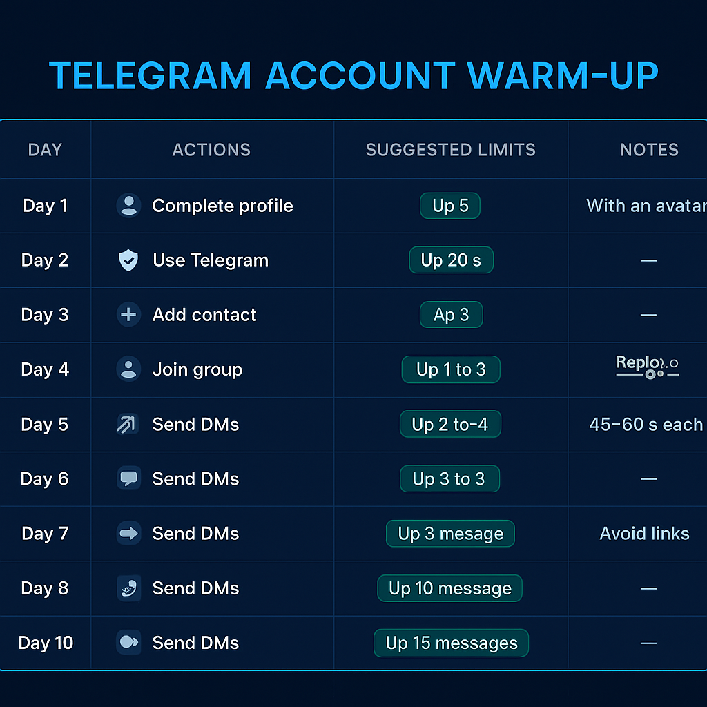 Six-week warm-up calendar for an aged Telegram account, mapping channel joins, profile completion, and send readiness